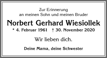 Traueranzeige von Norbert Gerhard Wiesiollek von Allgäuer Zeitung, Kaufbeuren/Buchloe