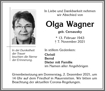 Traueranzeige von Olga Wagner von Allgäuer Zeitung, Kaufbeuren/Buchloe