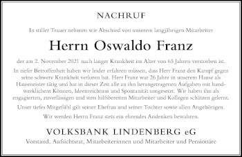 Traueranzeige von Oswaldo Franz von Der Westallgäuer