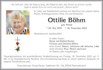 Traueranzeige von Ottilie Böhm von Allgäuer Zeitung