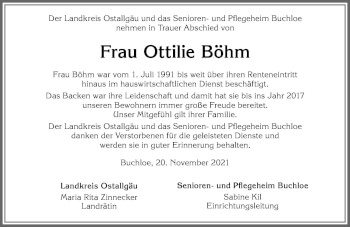 Traueranzeige von Ottilie Böhm von Allgäuer Zeitung, Kaufbeuren/Buchloe
