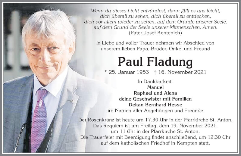  Traueranzeige für Paul Fladung vom 18.11.2021 aus Allgäuer Zeitung,Kempten
