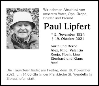 Traueranzeige von Paul Lipfert von Allgäuer Zeitung,Kempten
