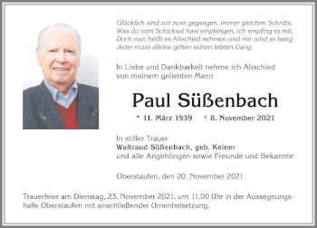 Traueranzeige von Paul Süßenbach von Allgäuer Anzeigeblatt