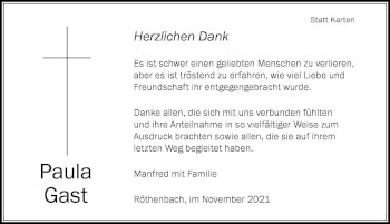 Traueranzeige von Paula Gast von Der Westallgäuer