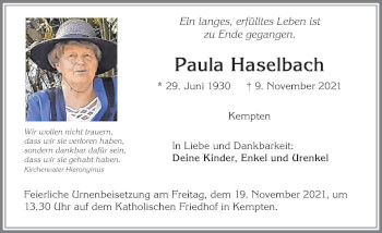 Traueranzeige von Paula Haselbach von Allgäuer Zeitung,Kempten