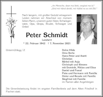 Traueranzeige von Peter Schmidt von Allgäuer Anzeigeblatt