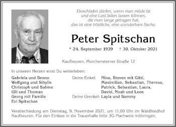Traueranzeige von Peter Spitschan von Allgäuer Zeitung, Kaufbeuren/Buchloe