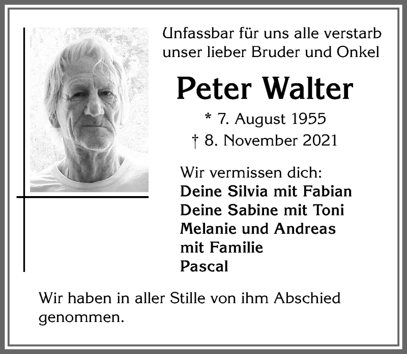  Traueranzeige für Peter Walter vom 27.11.2021 aus Allgäuer Zeitung,Kempten