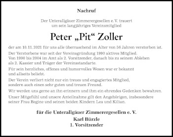 Traueranzeige von Peter  Zoller von Allgäuer Zeitung