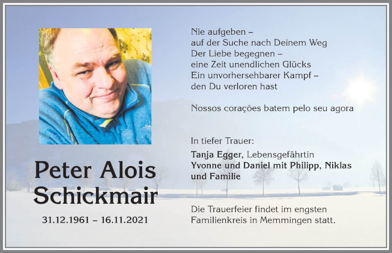  Traueranzeige für Peter Alois Schickmair vom 20.11.2021 aus Allgäuer Zeitung