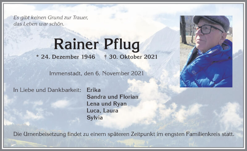  Traueranzeige für Rainer Pflug vom 06.11.2021 aus Allgäuer Anzeigeblatt