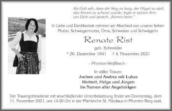 Traueranzeige von Renate Rist von Allgäuer Zeitung, Füssen