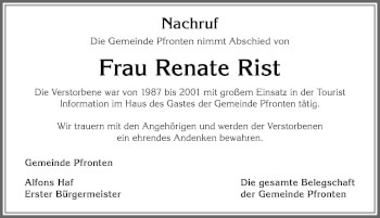 Traueranzeige von Renate Rist von Allgäuer Zeitung, Füssen