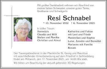 Traueranzeige von Resi Schnabel von Allgäuer Anzeigeblatt