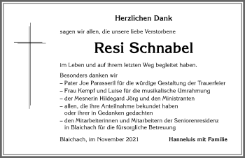 Traueranzeige von Resi Schnabel von Allgäuer Anzeigeblatt
