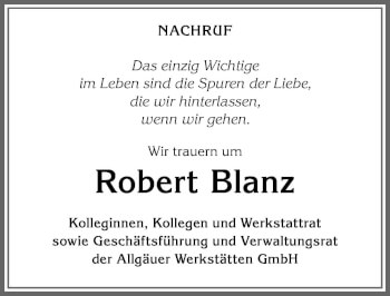 Traueranzeige von Robert Blanz von Allgäuer Anzeigeblatt