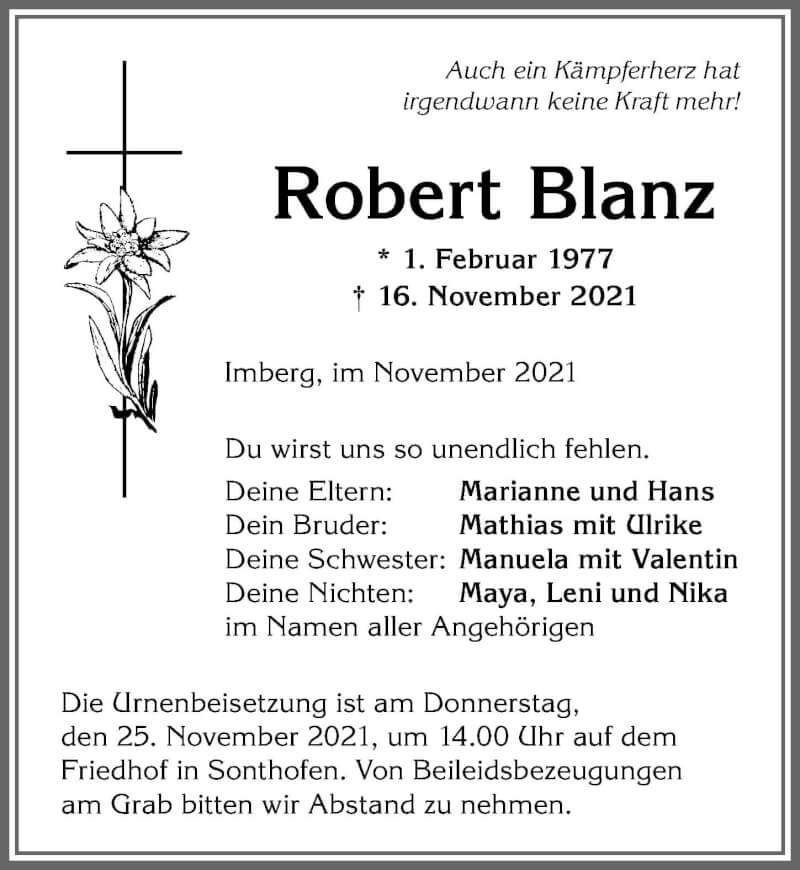  Traueranzeige für Robert Blanz vom 23.11.2021 aus Allgäuer Anzeigeblatt