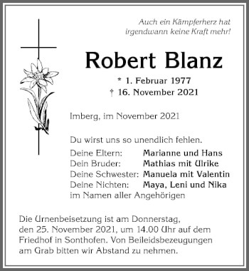 Traueranzeige von Robert Blanz von Allgäuer Anzeigeblatt