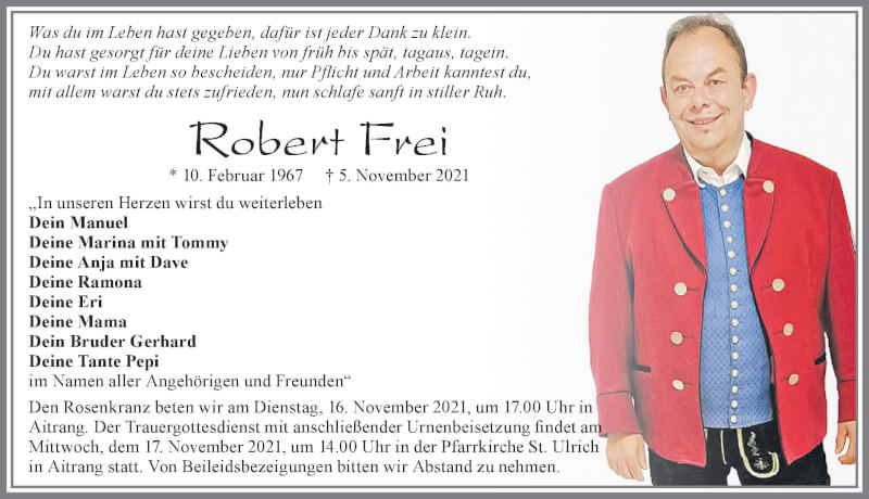  Traueranzeige für Robert Frei vom 13.11.2021 aus Allgäuer Zeitung, Marktoberdorf