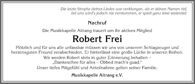 Traueranzeige für Robert Frei vom 17.11.2021 aus Allgäuer Zeitung, Marktoberdorf
