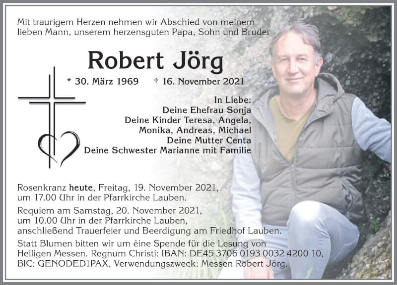  Traueranzeige für Robert Jörg vom 19.11.2021 aus Allgäuer Zeitung,Kempten