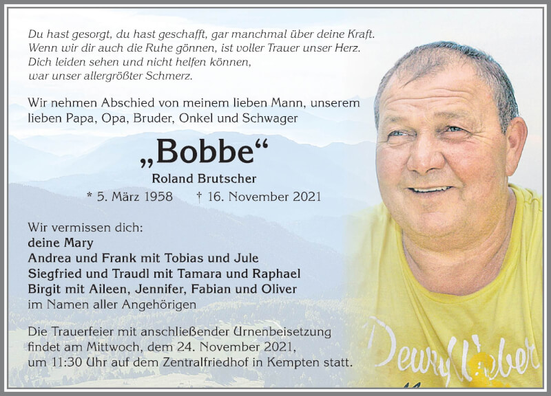  Traueranzeige für Roland Brutscher vom 20.11.2021 aus Allgäuer Zeitung,Kempten