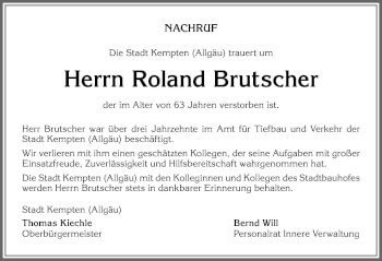Traueranzeige von Roland Brutscher von Allgäuer Zeitung,Kempten