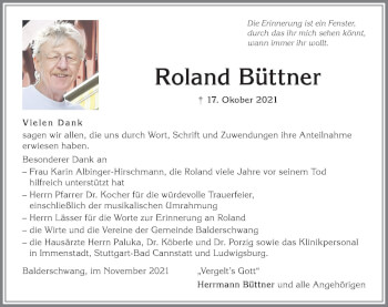 Traueranzeige von Roland Büttner von Allgäuer Anzeigeblatt