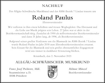Traueranzeige von Roland Paulus von Der Westallgäuer