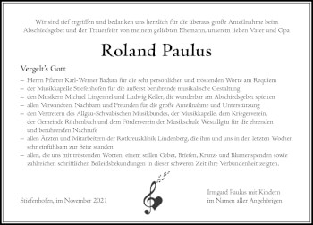 Traueranzeige von Roland Paulus von Der Westallgäuer