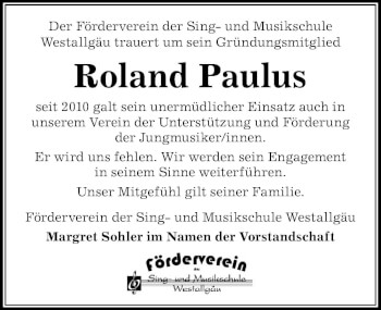 Traueranzeige von Roland Paulus von Der Westallgäuer