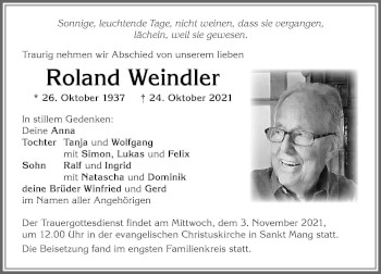 Traueranzeige von Roland Weindler von Allgäuer Zeitung,Kempten