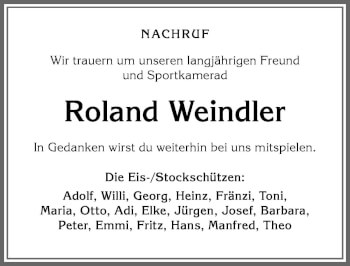Traueranzeige von Roland Weindler von Allgäuer Zeitung,Kempten