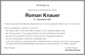 Traueranzeige von Roman Knauer von Memminger Zeitung