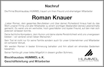 Traueranzeige von Roman Knauer von Memminger Zeitung