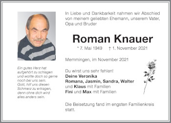 Traueranzeige von Roman Knauer von Memminger Zeitung