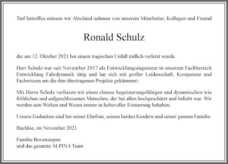  Traueranzeige für Ronald Schulz vom 06.11.2021 aus Allgäuer Zeitung, Kaufbeuren/Buchloe