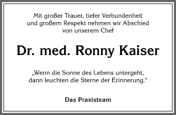 Traueranzeige von Ronny Kaiser von Allgäuer Anzeigeblatt