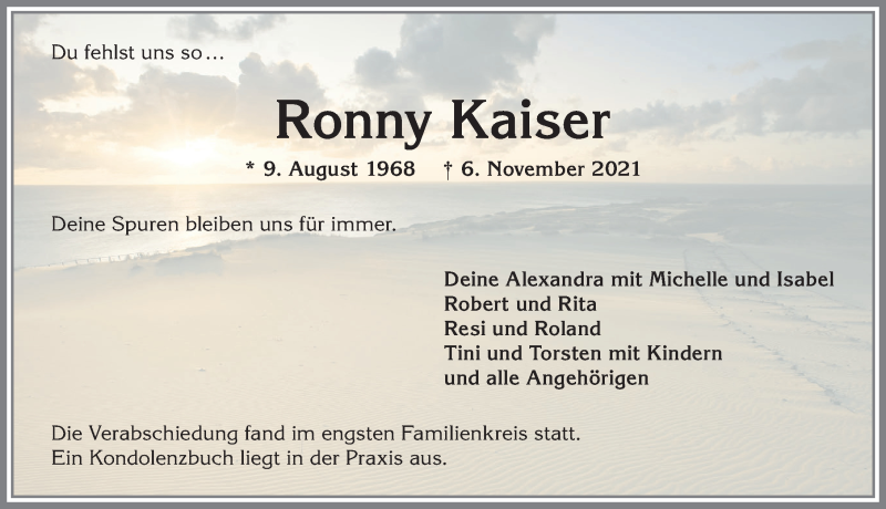 Traueranzeige für Ronny Kaiser vom 26.11.2021 aus Allgäuer Anzeigeblatt