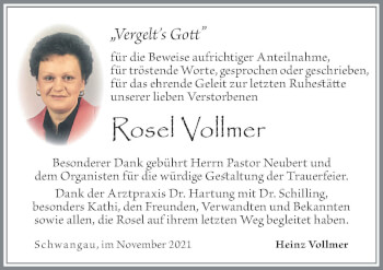 Traueranzeige von Rosel Vollmer von Allgäuer Zeitung, Füssen