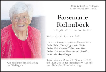 Traueranzeige von Rosemarie Röhrnböck von Der Westallgäuer