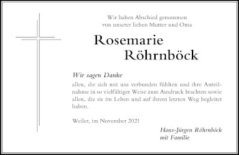 Traueranzeige von Rosemarie Röhrnböck von Der Westallgäuer