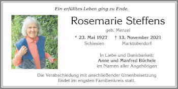 Traueranzeige von Rosemarie Steffens von Allgäuer Zeitung, Marktoberdorf