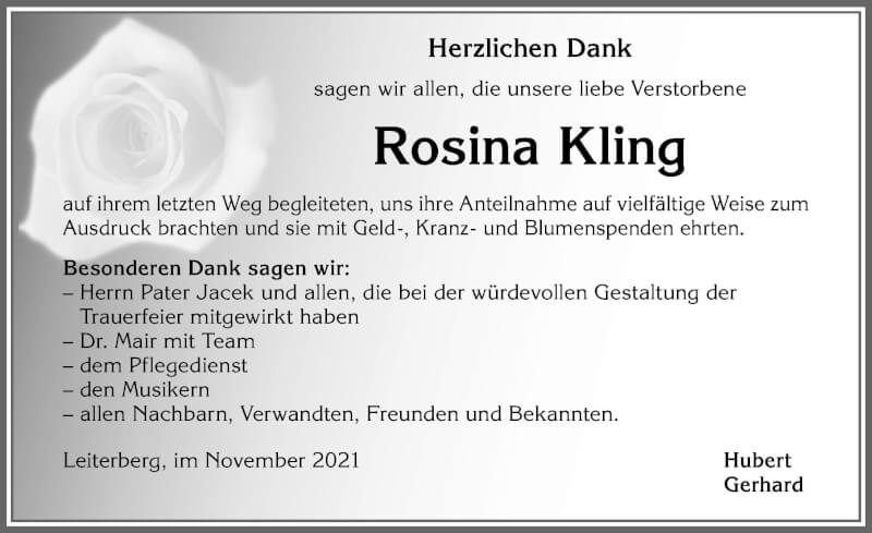  Traueranzeige für Rosina Kling vom 13.11.2021 aus Allgäuer Zeitung,Kempten