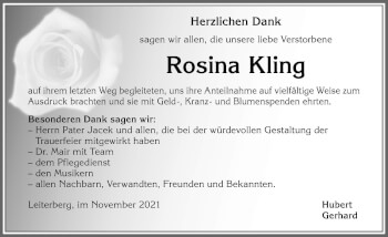 Traueranzeige von Rosina Kling von Allgäuer Zeitung,Kempten