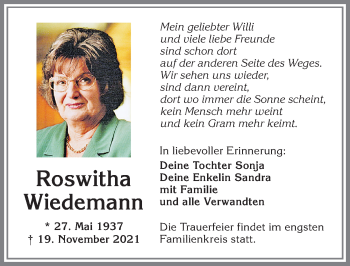 Traueranzeige von Roswitha Wiedemann von Allgäuer Zeitung, Kaufbeuren/Buchloe