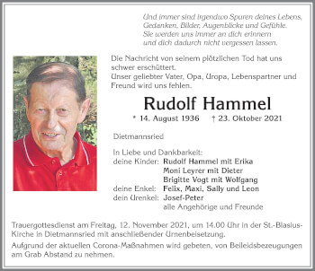Traueranzeige von Rudolf HAmmel von Allgäuer Zeitung,Kempten