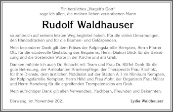 Traueranzeige von Rudolf Waldhauser von Allgäuer Zeitung,Kempten