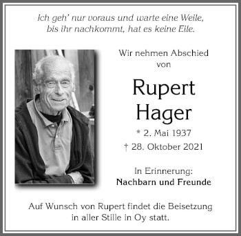 Traueranzeige von Rupert Hager von Allgäuer Zeitung,Kempten